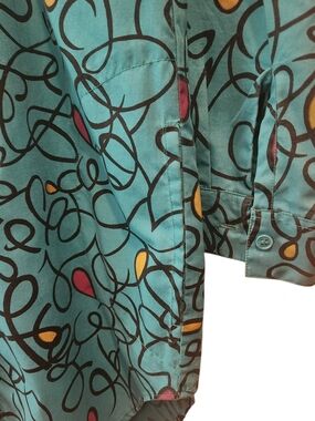 Vintage Gitano Teal Abstract Scribble Tunic Button-Down Shirt. Small